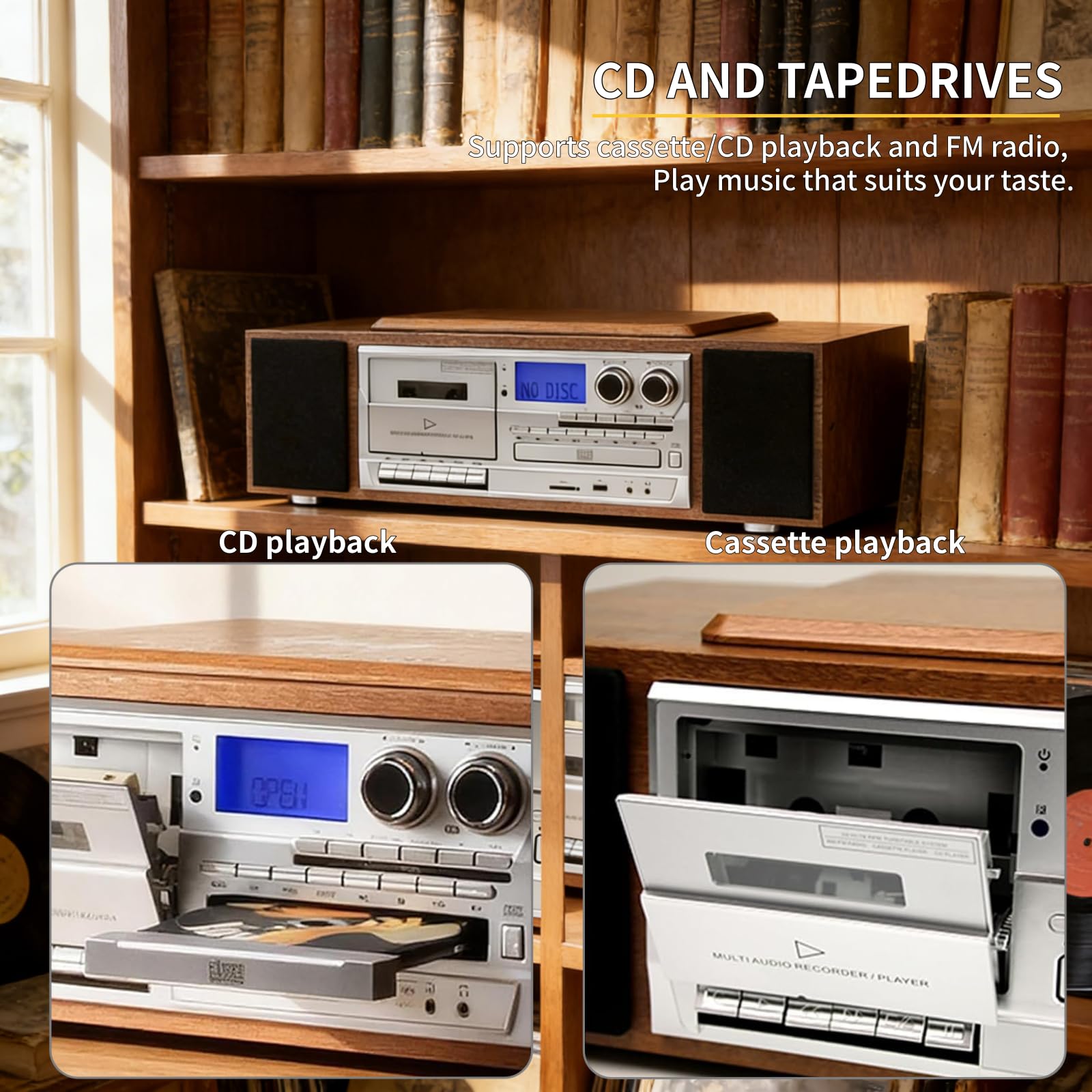 Lettore CD portatile con telecomando, lettore musicale desktop per la casa, doppio altoparlante integrato, supporta le funzioni di trascrizione