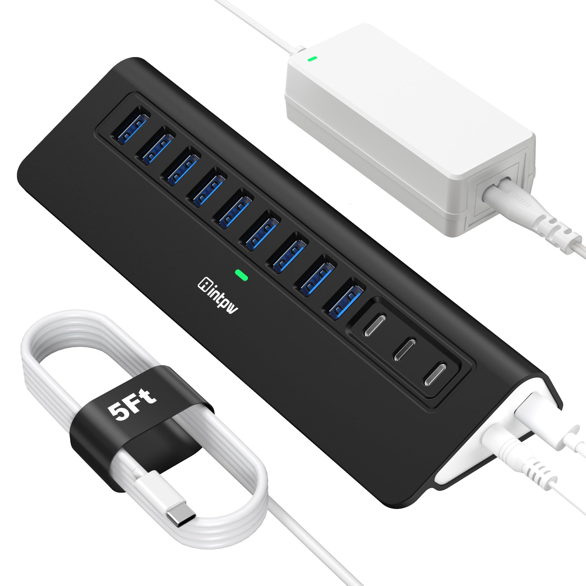 Powered USB Hub 10Gbps,intpw YH9AC 12 Port USB Splitter with USB A/USB C 3.2, 4 USB 3.0, 2 PD 45W Charging Port, 65W Power Adapter and 5FT Cable, Aluminum USB Extender Hub for Laptop/PC,iPhone 16/15
