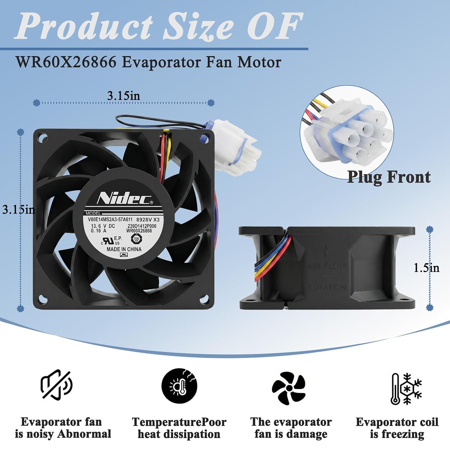 New Upgraded WR60X26866 Refrigerator Evaporator Fan Motor Compatible with GE Refrigrator Replace Part WR60X26033 WR60X10356 V80E14MS2A3-57A611 WR60X10341 WR60X26030 WR60X10357 AP6278228