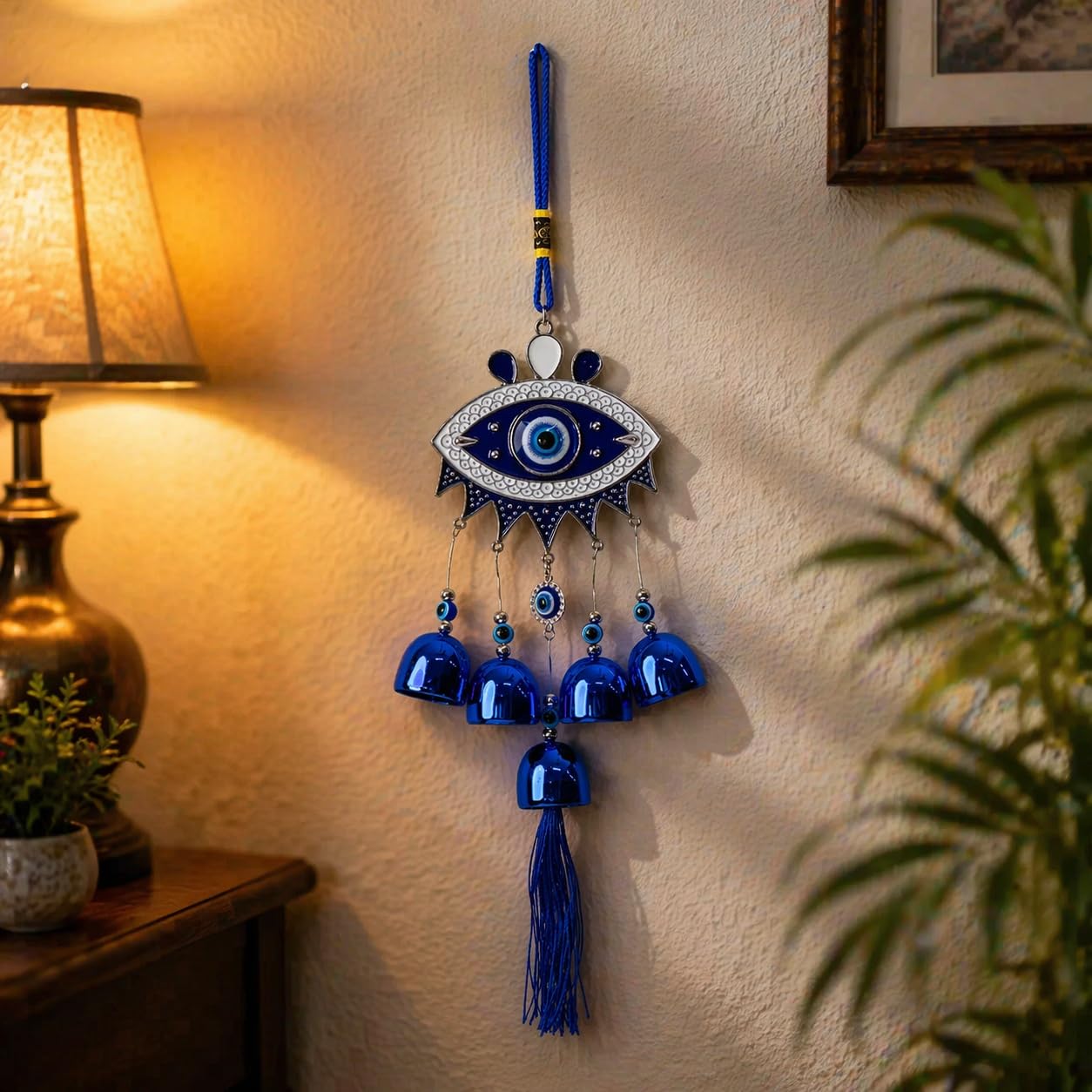 VASTU ART Fengshui Evil Eye Nazar Wind Chime with 5 Blue Metallic Bells & Tassel | Wall Hanging for Home Main Door Living Room | Nazar Suraksha Good Luck Protection Vastu Decor Gift Item - 30cm-image-23
