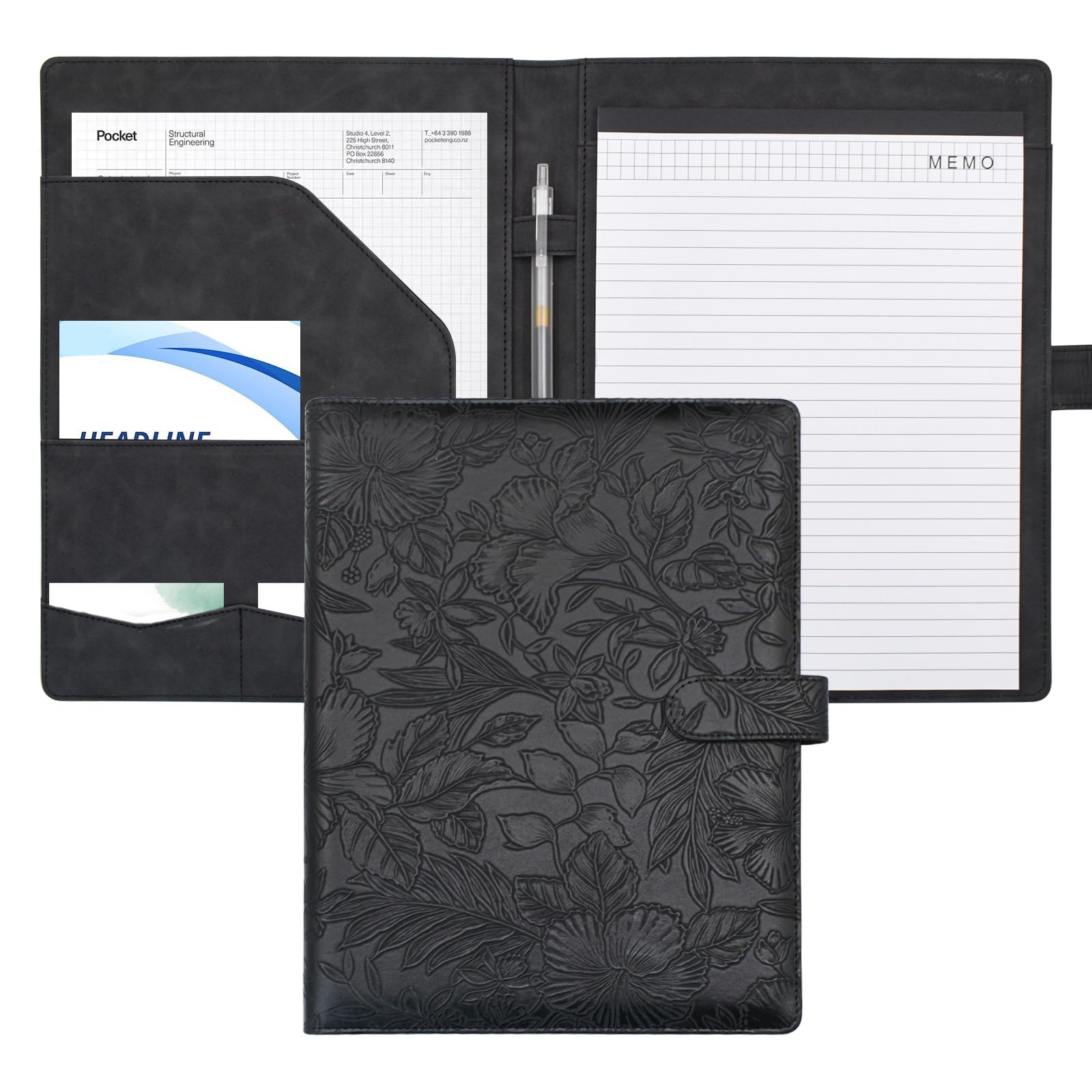 VANRA Padfolio Portfolio Binder Faux Leather Interview Resume Folder with Notepad, Document Organizer Card Holder, Letter-Sized Notepad Portfolio Organizer for Business School Office (Black)