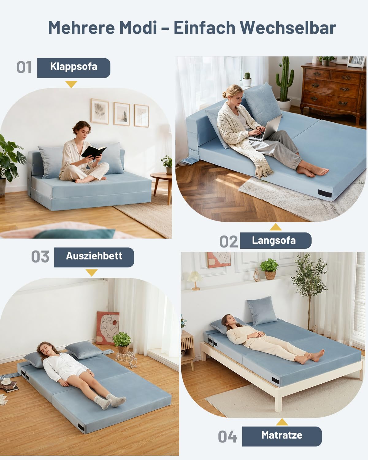 HAUSPROFI Schlafsofa mit Bezug aus Samtstoff & 2 Kissen, Bezug Abnehmbar, Waschbar, Klappmatratze mit Hochelastischer PU-Schwamm, Liegefläche 140CM x200CM (Blau)