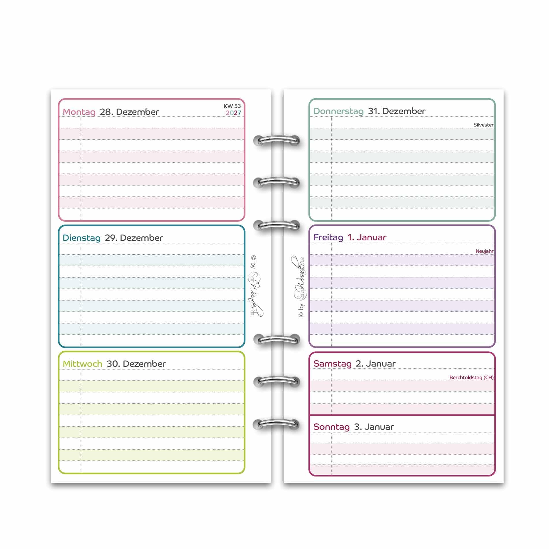 SinnWunder® 2027 Premium Kalendereinlage - Wochen-Kalender - 1 Woche 2 Seiten - Größe (A6) Personal 9,6 x 17,2 cm - 6-fach Filofax-Lochung - LuckySinn