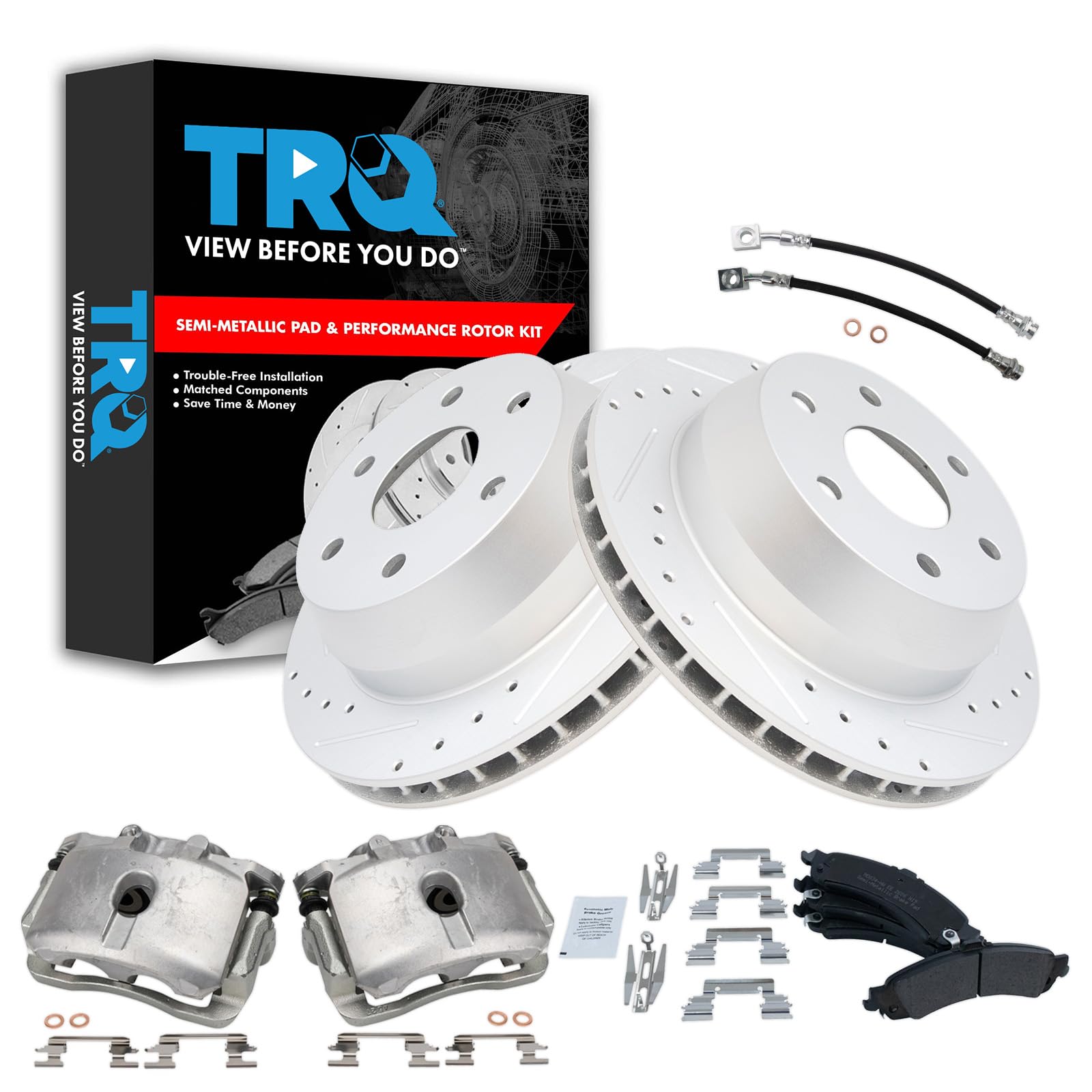 TRQ Brake Pad &amp; Rotor Kit Slotted X Drilled Performance Semi-Metallic Compatible with 2005-2006 Cadillac Escalade 2002 GMC Yukon