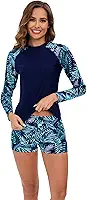 Conjunto feminino Rash Guard de manga comprida, maiô de duas peças com shorts, tecido de proteção UV, design com estampa tropical