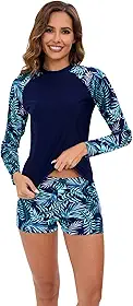 Conjunto feminino Rash Guard de manga comprida, maiô de duas peças com shorts, tecido de proteção UV, design com estampa tropical