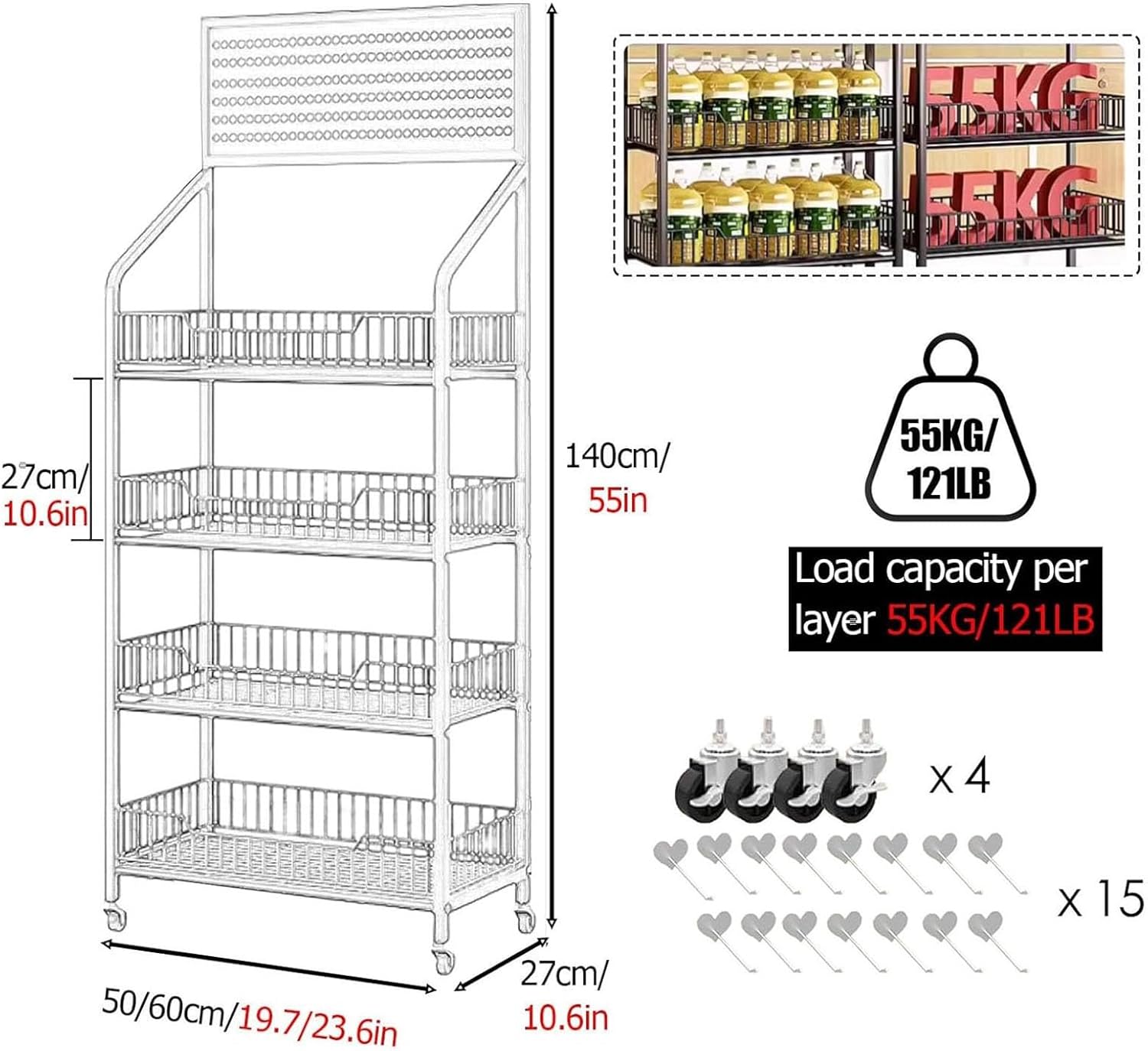 Snack Storage Rack,4Tier Candy Display Rack Snack Organizer Chip Display Rack,Large Floor Supermarket Snack Organizer Carts,Metal Snack Holder Snack Stand Retail Display Shelves Fo