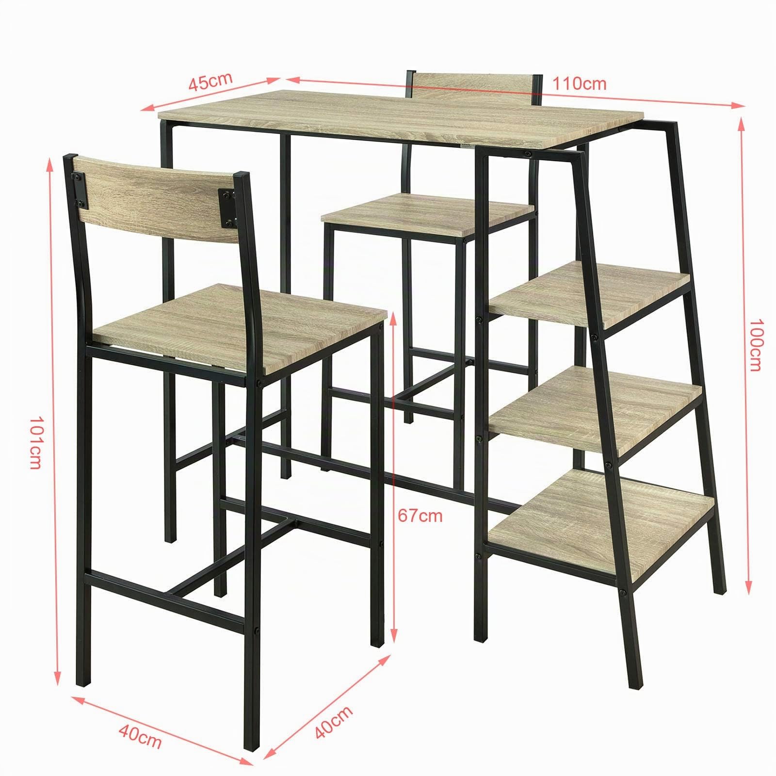 SoBuy® OGT16-N Set de 1 Table + 2 Chaises Ensemble Table de Bar Bistrot + 2 Tabourets de Bar avec Repose-Pieds Table Haute Cuisine Mange-Debout avec 3 Étagères Latéraux