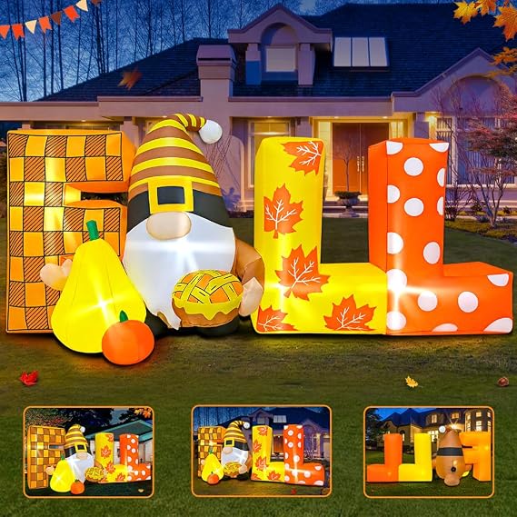 6FT Thanksgiving Inflatables Outdoor Decoration Inflatable Dwarf with Fall, Built in LED Lights Blow Up Yard Decorations for Fall Holiday Party Garden Lawn Decor