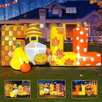 6FT Thanksgiving Inflatables Outdoor Decoration Inflatable Dwarf with Fall, Built in LED Lights Blow Up Yard Decorations for Fall Holiday Party Garden Lawn Decor