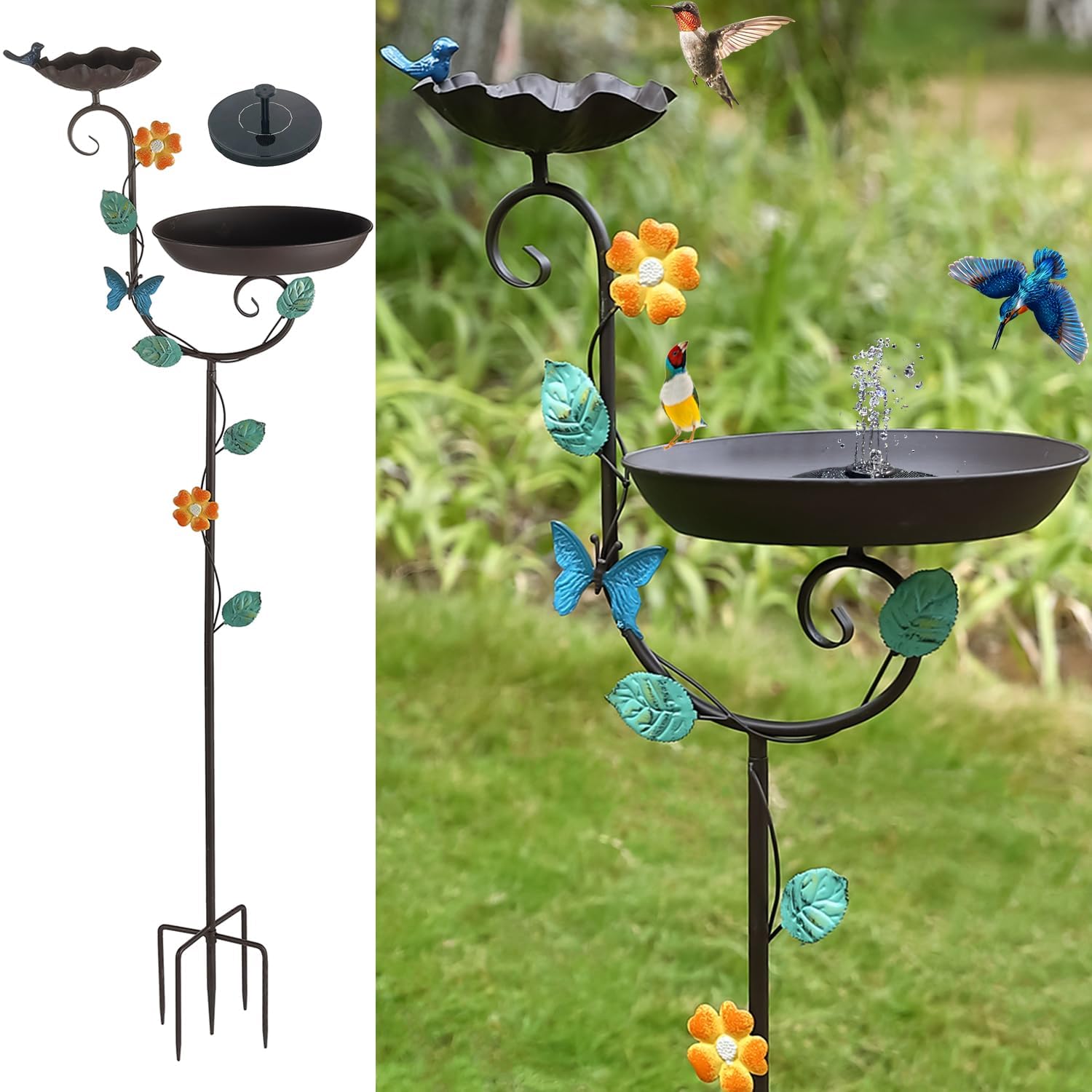 Freistehende Solar-Vogeltränke, 147,3 cm hoch, dekorative Vogeltränke und Futterstation, Vogeltränke für den Außenbereich mit Solarbrunnen, 5 Spikes, floraler Akzent, Vogeltränke für Garten,