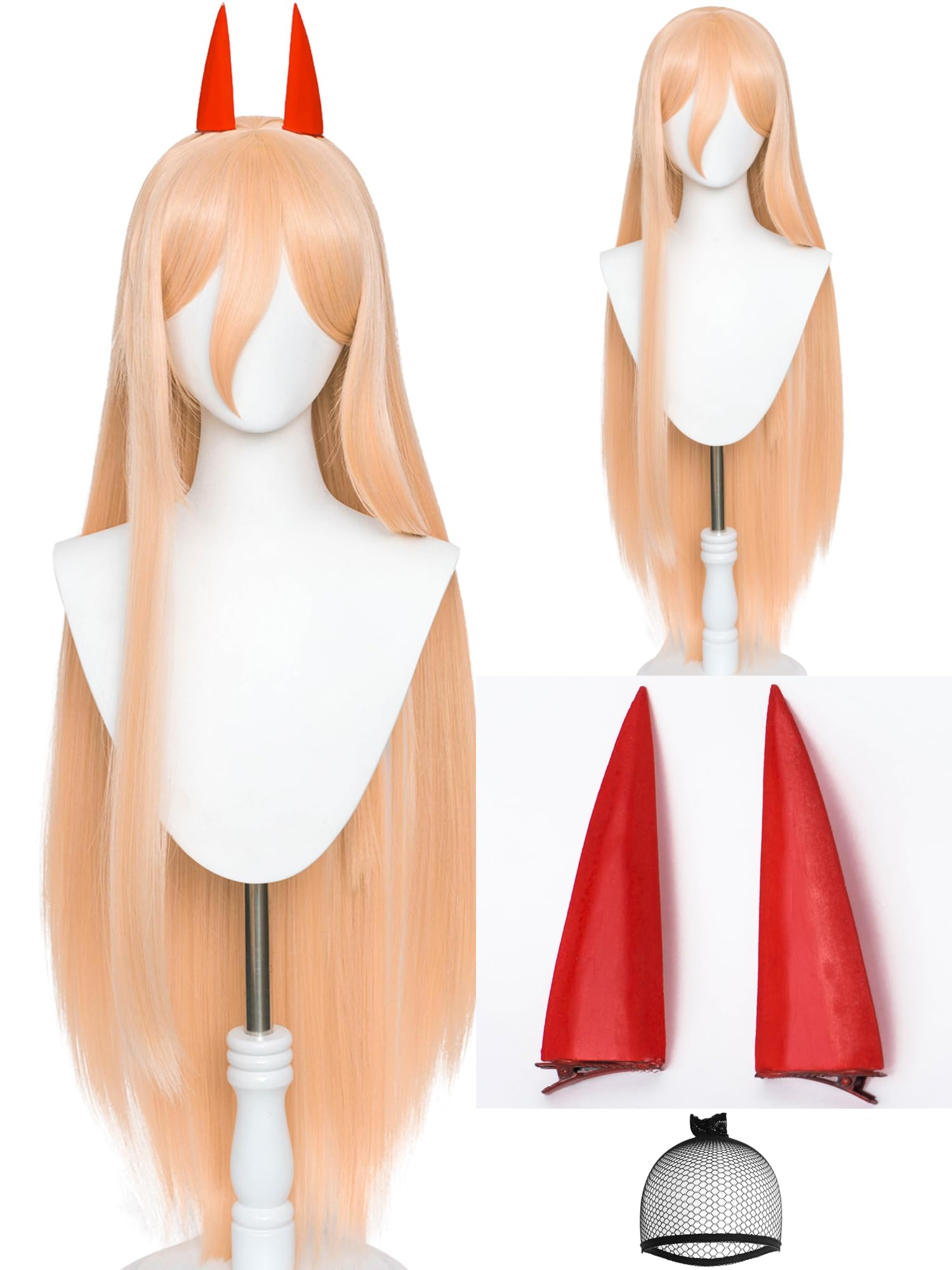 Half and Half Power Cosplay Wig 39'' Long Straight Anime Orange Wigs with Bangs + Horn Hairpins + Wig Cap for Women Halloween Costumes Party