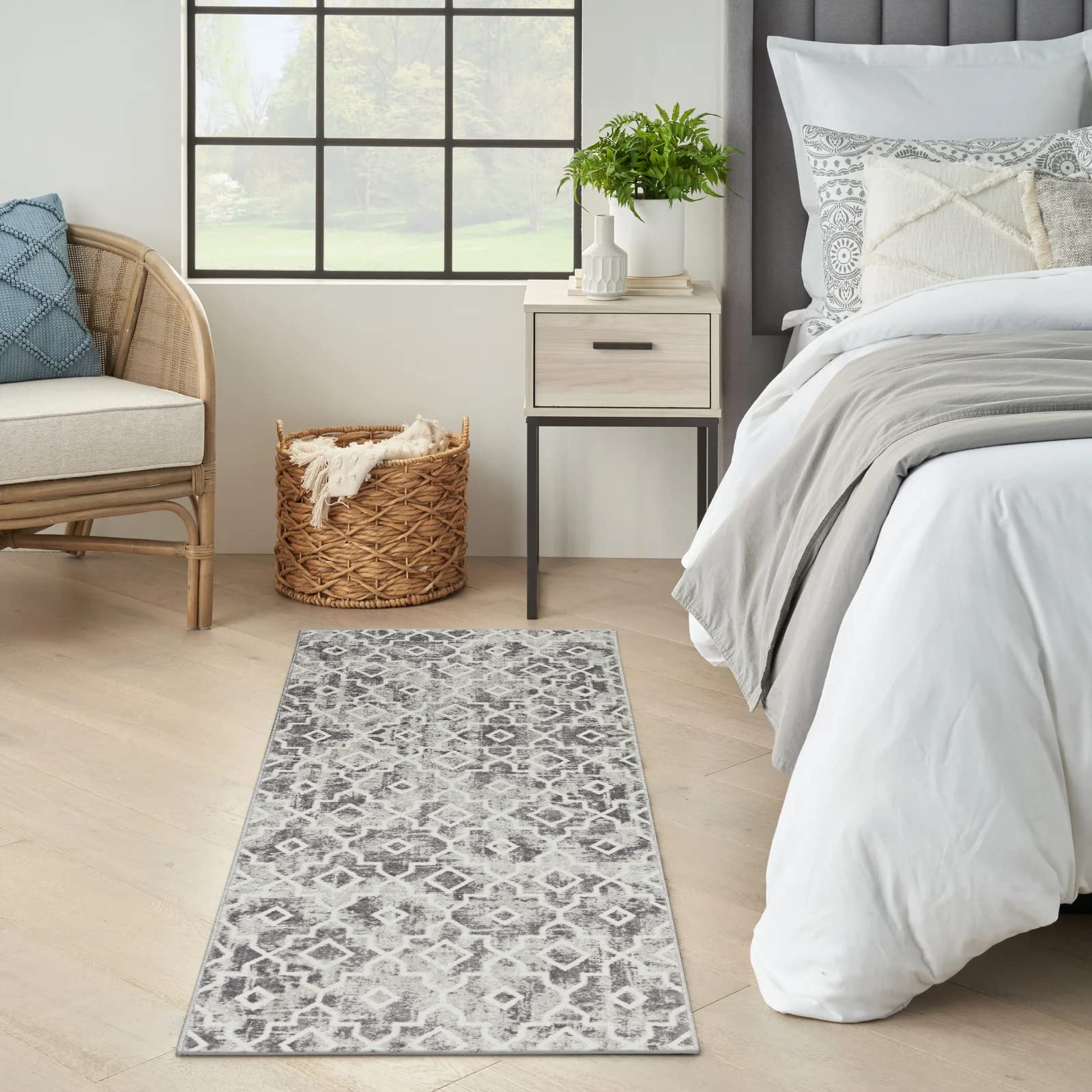 Wonnitar Moroccan Washable Area Rug - 2x4.3 Grey Kitchen Runner Rug Non-Slip Entryway Rug Modern Geometric Trellis Throw Rug Faux Wool Distressed Floor Carpet for Hallway Bedroom Bathroom