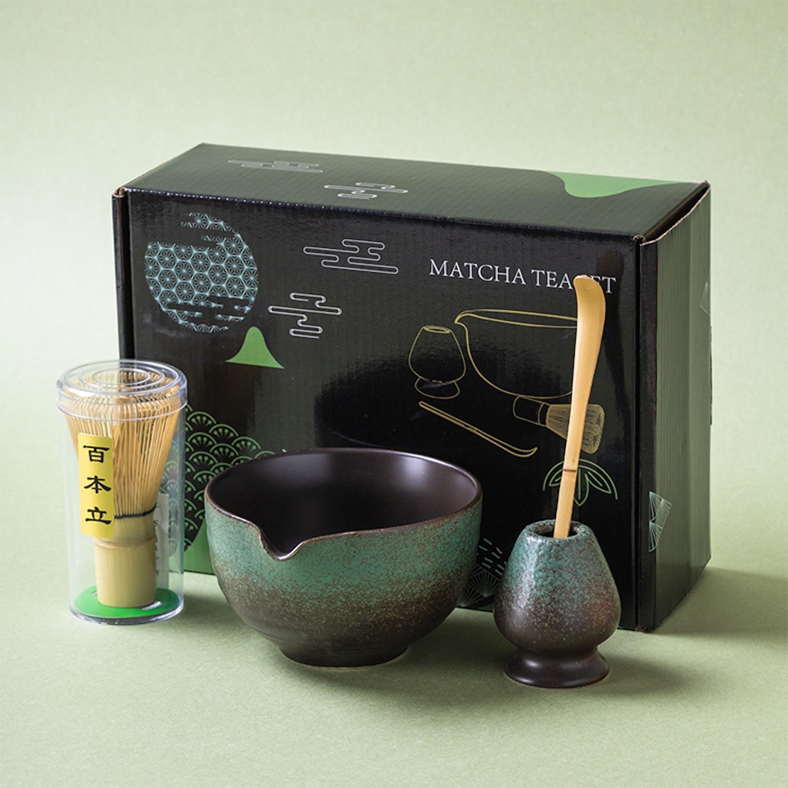 JIKANNOYA Matcha Set 4 Piece Chasen Bowl With Spout Green Kiln Glaze