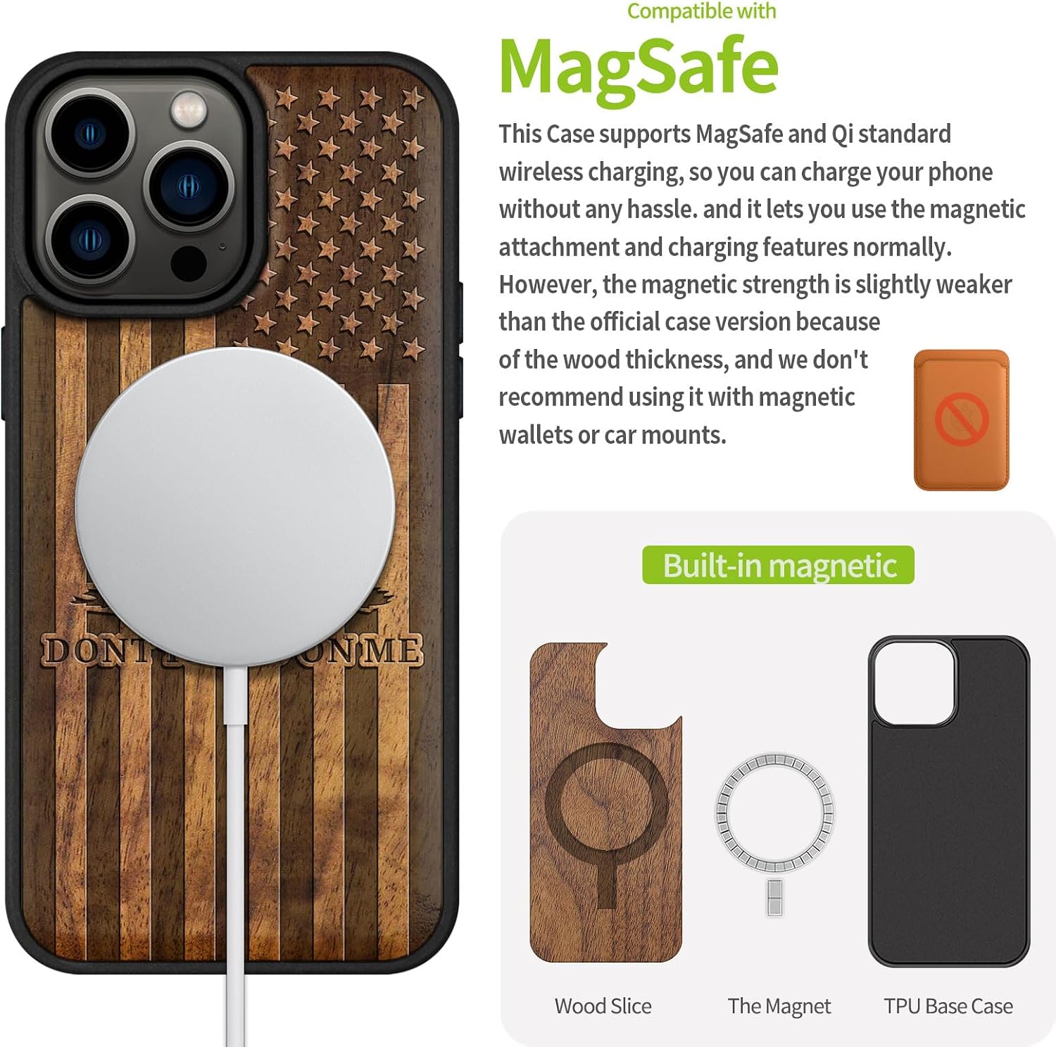 Carveit Magnetic Wooden Case for iPhone 15 Pro Max Case, Compatible with MagSafe Wireless Chargers, Black Soft TPU Shockproof Cover & Wood Artisan Engraved (Gadsden Flag) - Walnut