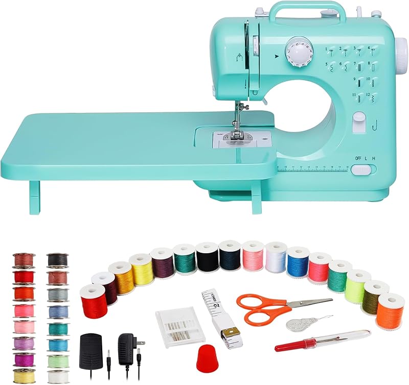 Sewing Machine for Beginners with Extension Table, Mini Sewing Machine Kit | Electric Portable Sew Machine with 12 Stitches LED Light, Full Sew Accessories Kit for Home DIY Project, Clor Cyan