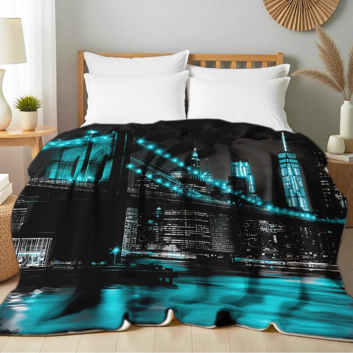 New York City Building Blanket for Bed Couch Cityscape Blanket Throw Black White Teal Decor Flannel Prints Bedding Home Decor (49"x59")