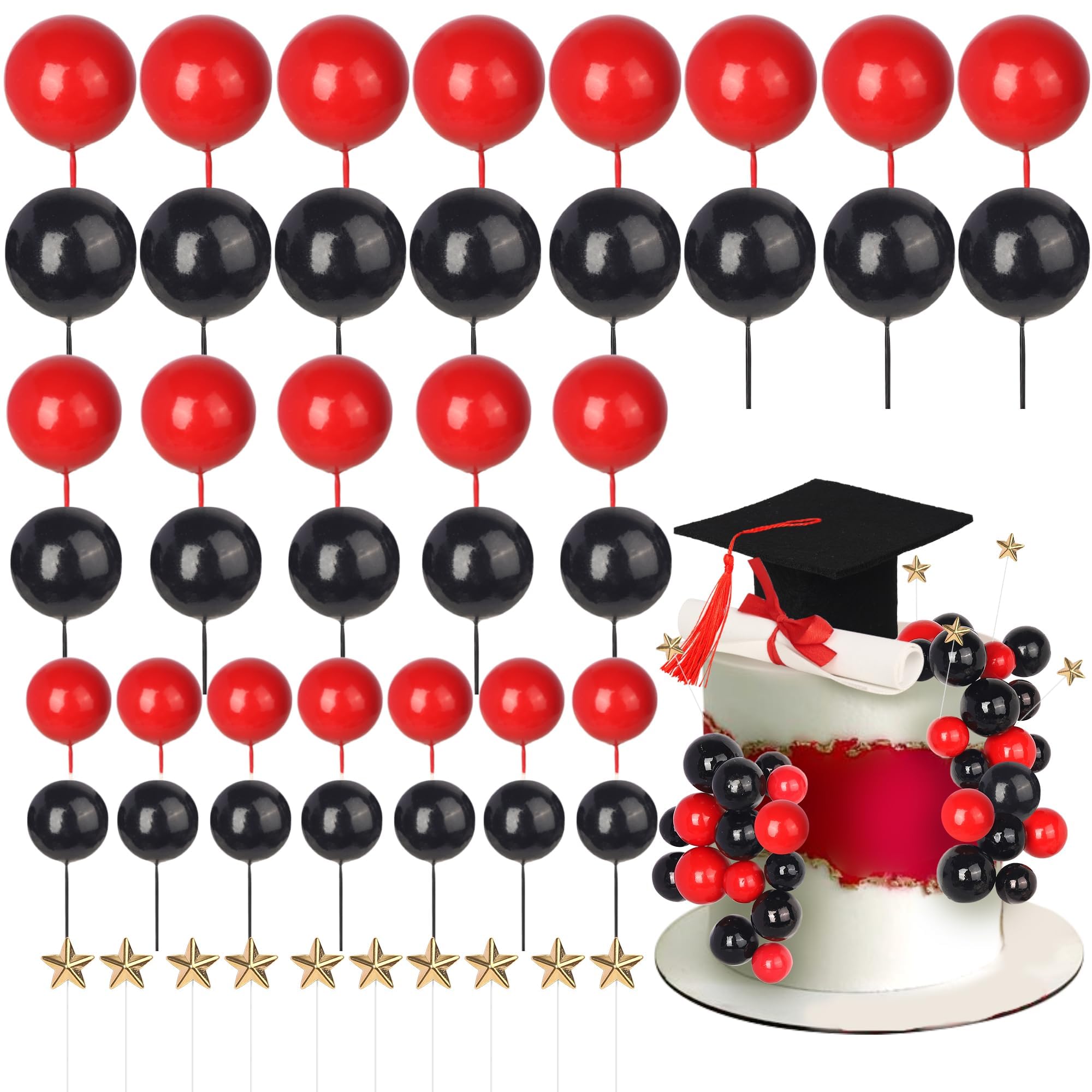Xsstarmi Grad Cap Cake Topper Decor Star Balls Congrats Grad Diploma Done Cake Pick Class of 2026 Graduation Party Cake Decorations for Prom 2026 Graduation Party Cake Supplies Black Red
