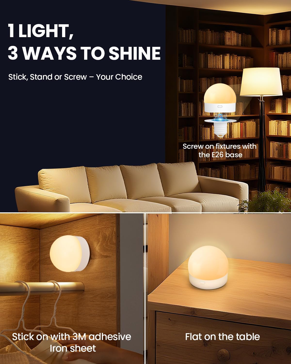 Upgrade Rechargeable Light Bulbs for Lamps: 3000mAh E26 Battery Operated Bulb with Remote & Timer, 3 Color Temperature+12 RGB Magnetic Dimmable Backup Wireless Bulbs for Sconce, Non-Hardwired 2 Pack