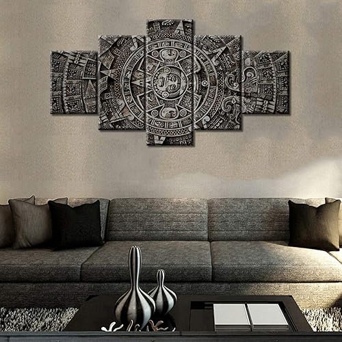 Arte de pared con varios paneles, calendario maya, imágenes de piedra del sol, pinturas de civilización azteca sobre lienzo, sala de estar,