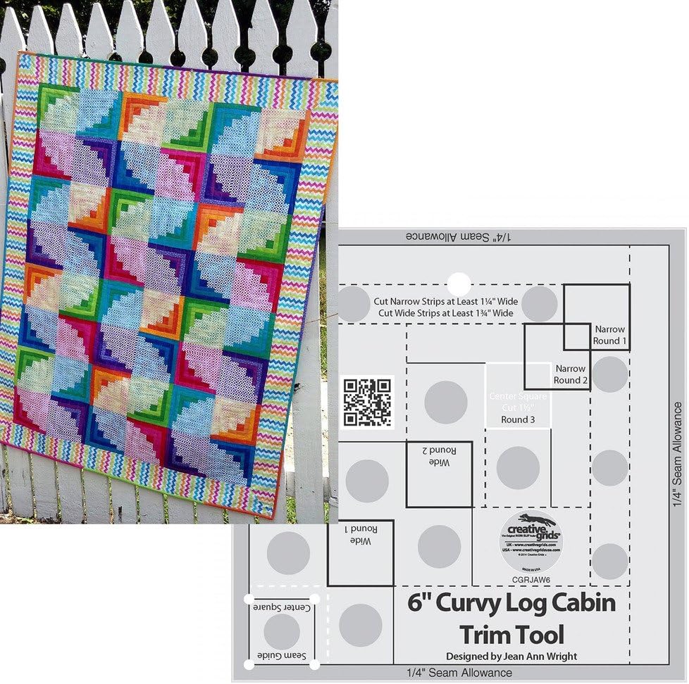 Bundle of Creative Grids Curvy Log Cabin Trim Tool 6in Finished Blocks and Cut Loose Press Wiggly Worms Curvy Log Cabin Quilt Pattern