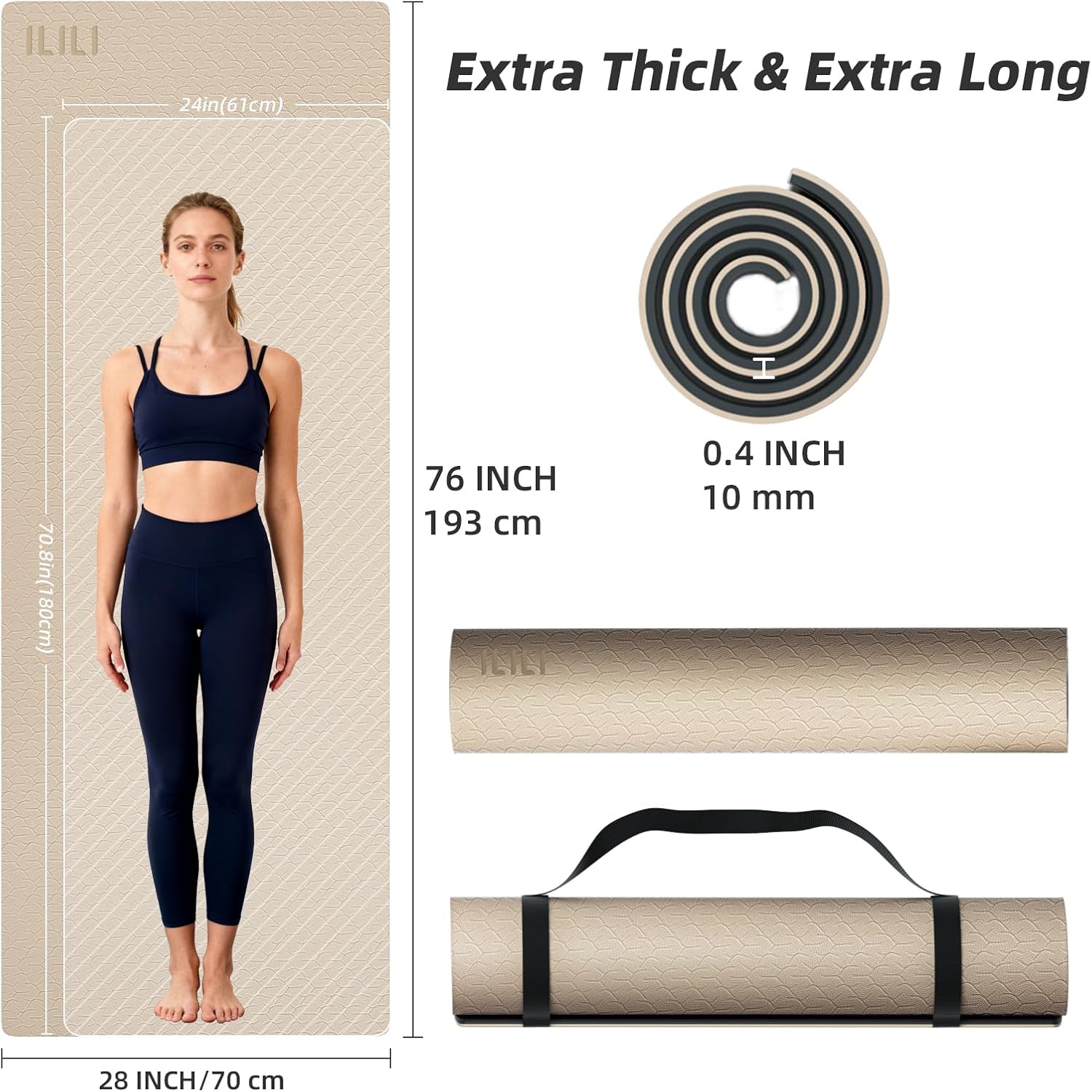 ILILI Yoga Mat 10mm Extra Thick and 193cm Extra Long, 76x28×0.4 Inch, Double Color Non-Slip TPE Material, Easy Carrying with Strap, Ideal for Yoga, Pilates, Floor Exercise, Home and Outdoor Use, Eco Friendly - Image 3