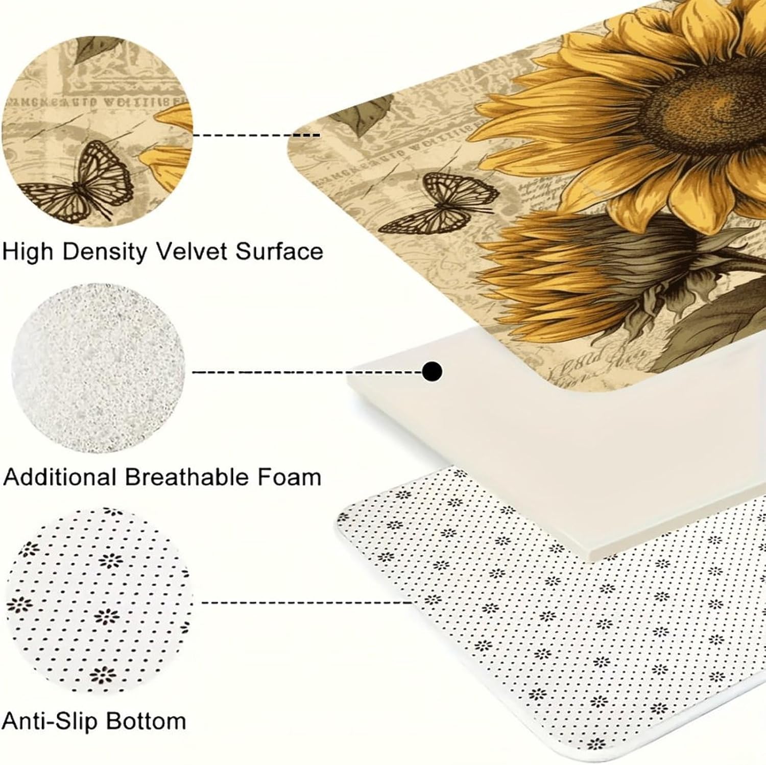 Retro Sunflower Kitchen Rugs Set of 3 Non Slip Washable Kitchen Mats for Floor Soft Area Rug Kitchen Floor Mat Cushioned Anti Fatigue Mats Standing Sink Mat Decor Runner Rugs