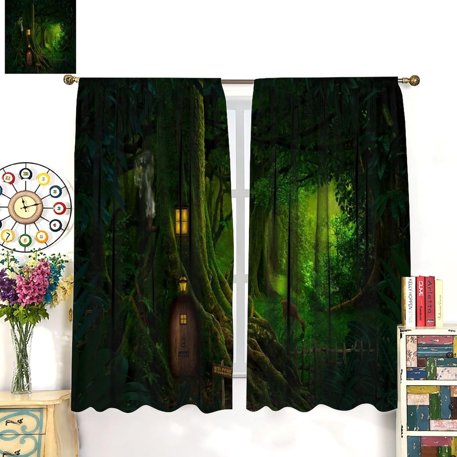 Fantasy Forest Tree Blackout Window Curtains, Mystic Nature Tree Landscape Scenery Theme Print Window Drapes, for Living Room Bedroom 21(W)*45(L) 2 Panels