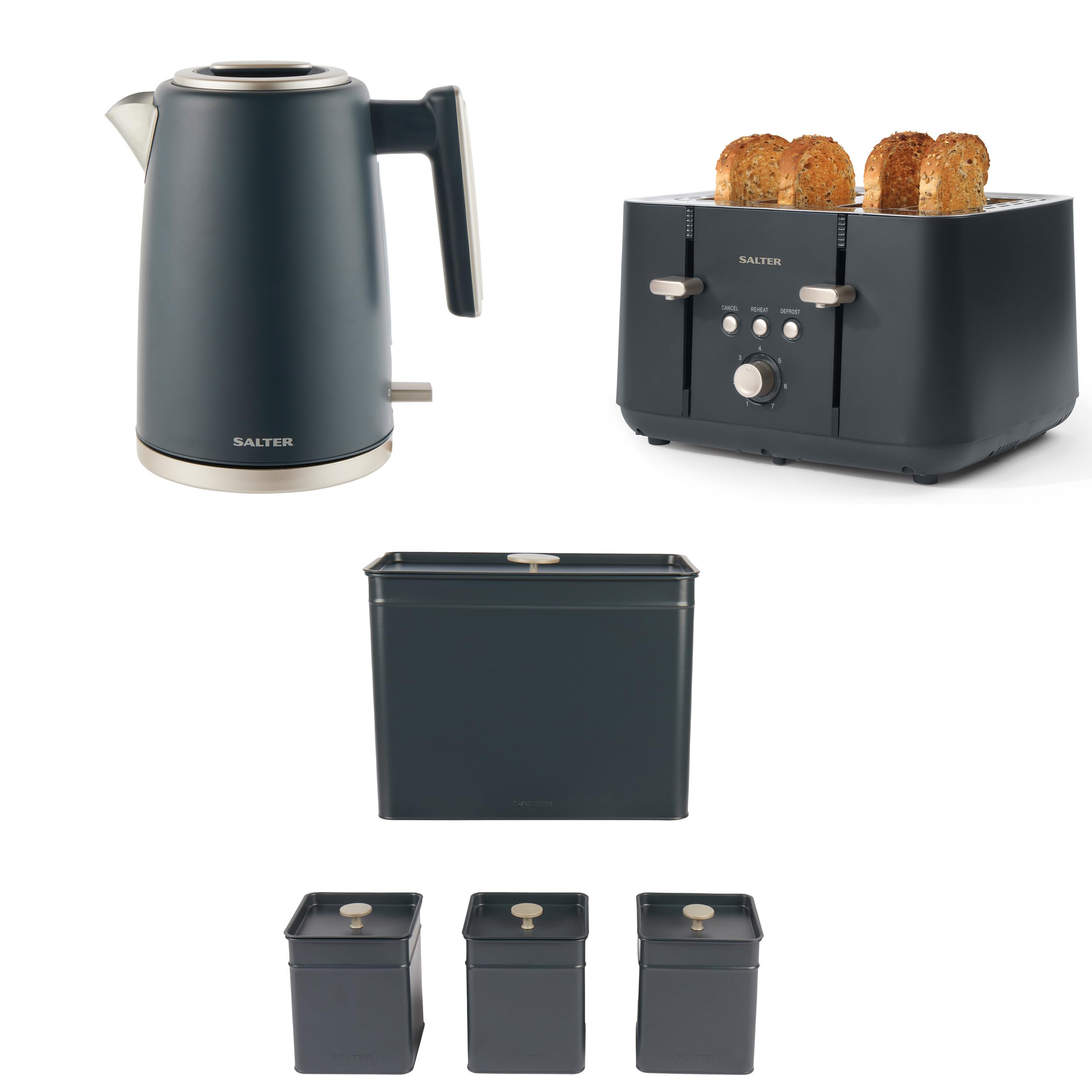 Salter COMBO-8853A Marino 4 Piece Breakfast & Countertop Set - 1.7L Fast Boil Kettle With Limescale Filter, 4 Slice Toaster, Carbon Steel Bread Bin & 3 Piece Storage Canisters For Tea/Coffee/Sugar
