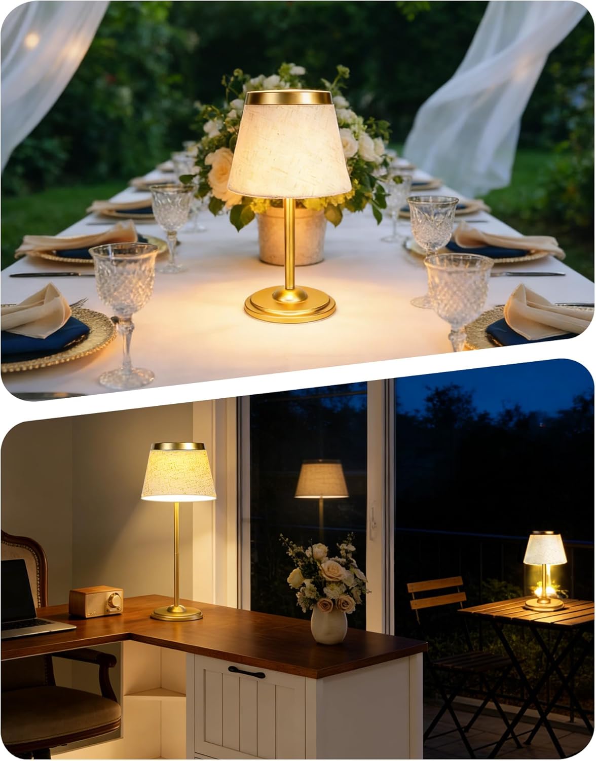 2 Pack Gold Cordless Table Lamps Rechargeable,Battery Operated Table Touch Portable LED Battery Powered Table lights 5000mAh Three-Color Stepless Rust-Resistant Dimming for Reading Bedroom Desk Dining