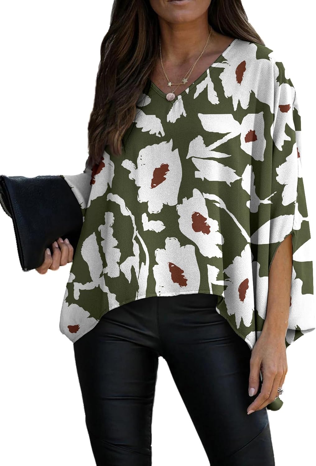 Vrtige Women's Casual V Neck Batwing Long Sleeve Blouse Shirt Tunic Top