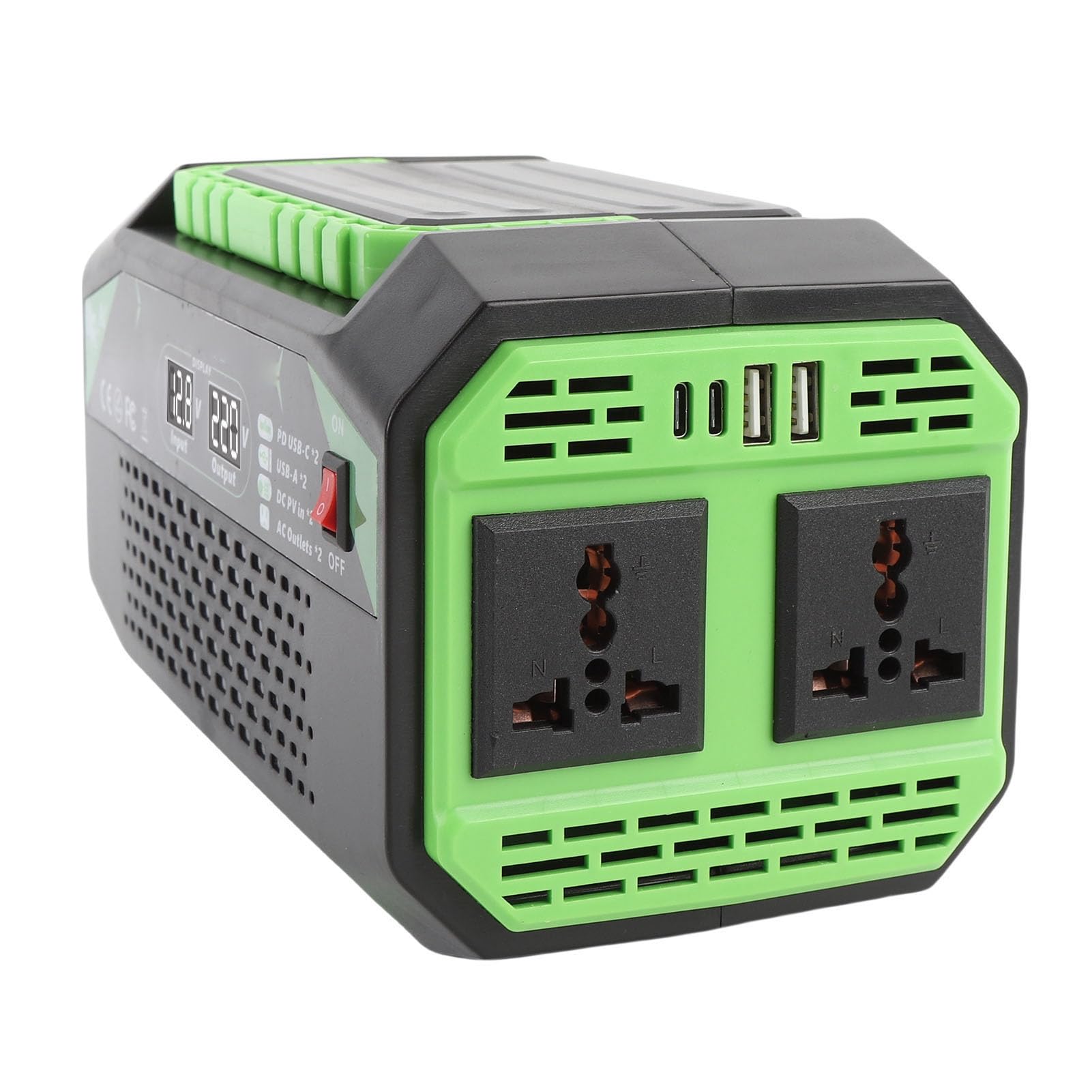 SEAFRONT Przetwornica Samochodowa 600W DC 12V na AC 220V z 2 Gniazdkami, 2 USB C i USB A, Szybkie ładowanie, Wyświetlacz Napięcia, dla Potrzeb Zasilania w Podróży