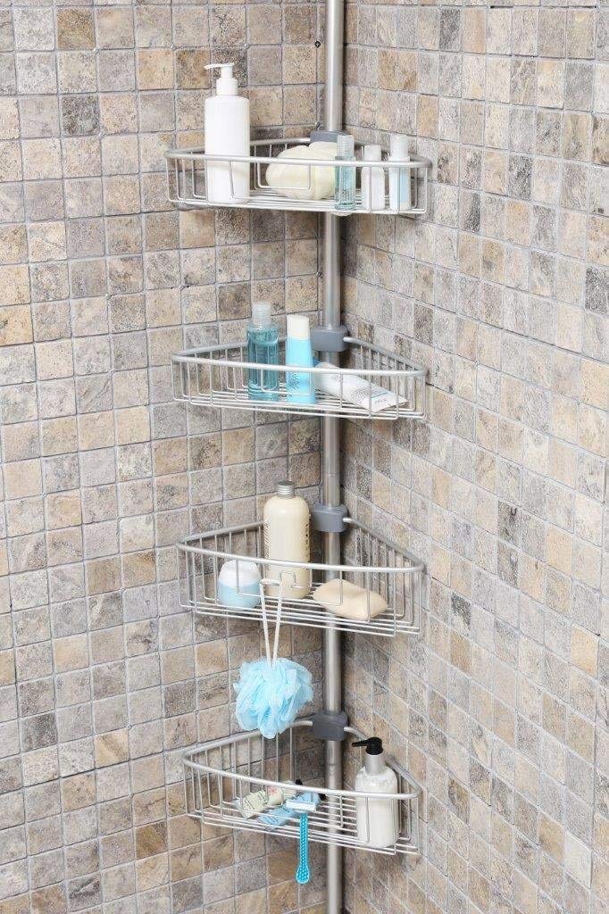 Kreher Teleskop-Duschregal Badregal Aluminium, ohne Bohren (Silber) | Rostfrei und höhenverstellbar bis 270 cm, einfache Montage per Federsystem, 4 verstellbare Körbe