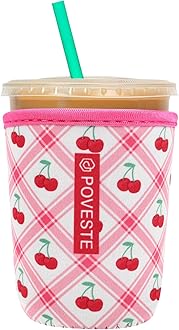 Reusable Neoprene Insulator Sleeve for Iced Coffee & Cold Soda, Coffee Sleeves for Iced & Hot Drinks, Cold Beverage Cooler Compatible with Starbucks, Dunkin (Cherry World, Small: 16-18oz)