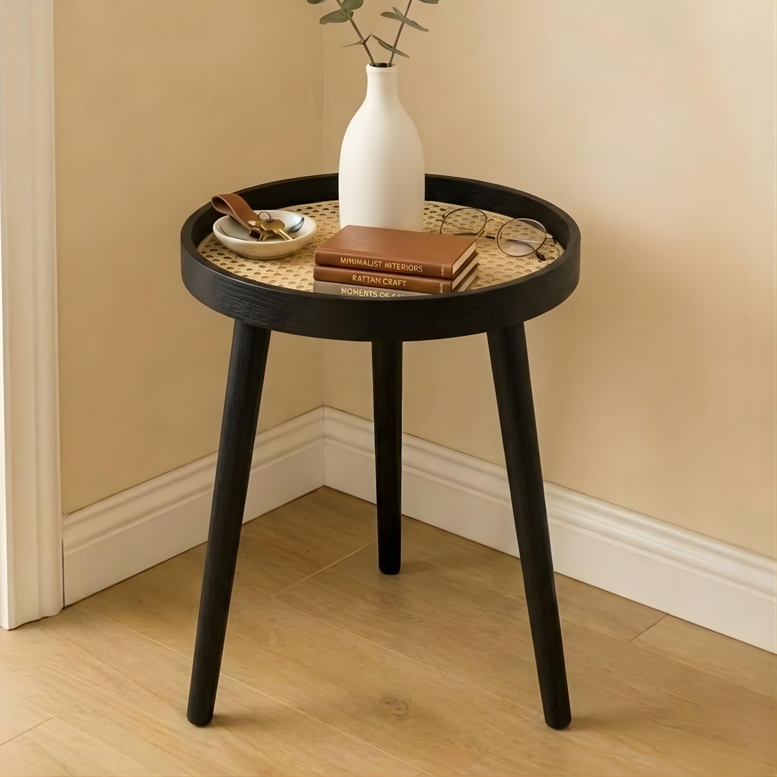 GBS Brothers Round Rattan Side Table Outdoor & Indoor - Black Small Table with Woven Tray Top, Natural Bamboo Legs - Round Rattan Table for Living Room, Bedroom, Garden, Plant Stand (40x40x48 cm)