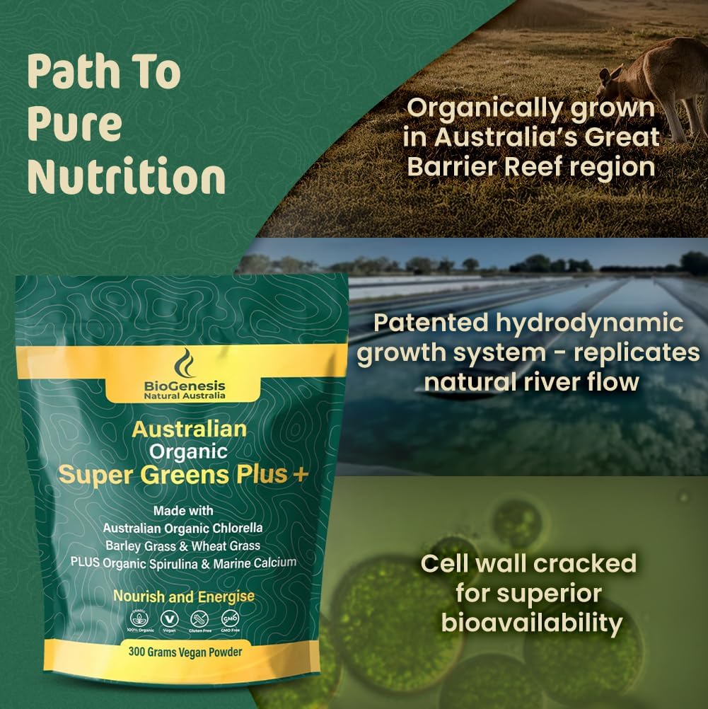 Biogenesis SuperGreens Plus Powder – 300g | Unflavored | Organic Chlorella, Wheatgrass, Barley Grass & Spirulina | Australian Grown | Supports Energy & Immunity | Vegan Powder