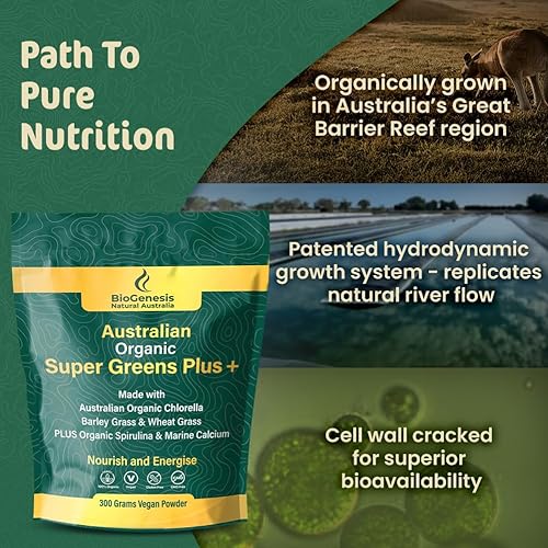 Miniatura 5 de Biogenesis SuperGreens Plus Polvo  10.58 oz  Sin sabor  Clorella orgánica, pasto de trigo, hierba de cebada y espirulina  Cultivado en Australia