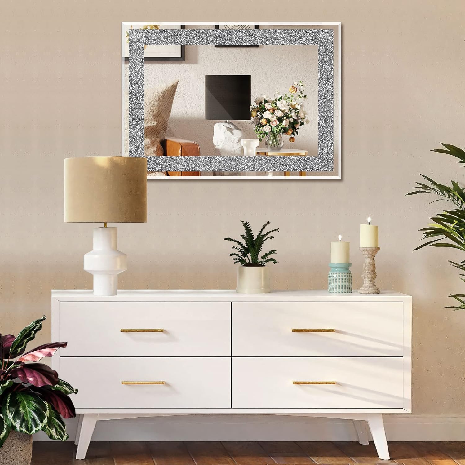 Ruomeng Wall Mirror Rectangular Crystal Crush Diamond Mirror for Home Decoration Accent Mirror for Bathroom, Entryway and Bedroom, 20 x 28