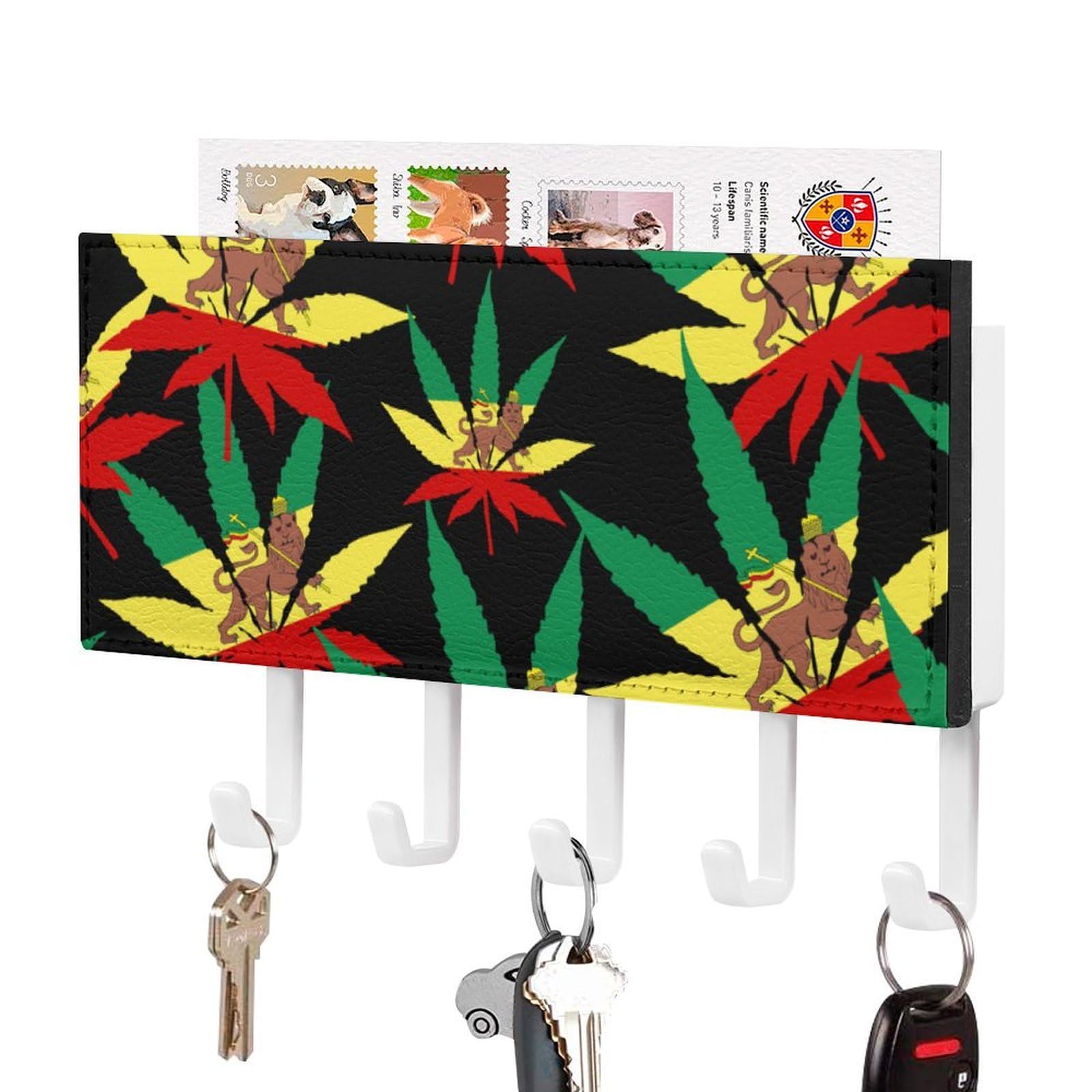 Nclqvjxzkhw White-Style Jamaica Weed Rasta Lion Leaf Key Holder With 5 Hooks Key Hooks Wall Mounted Key Racks Key Hanger Organiser Shelf