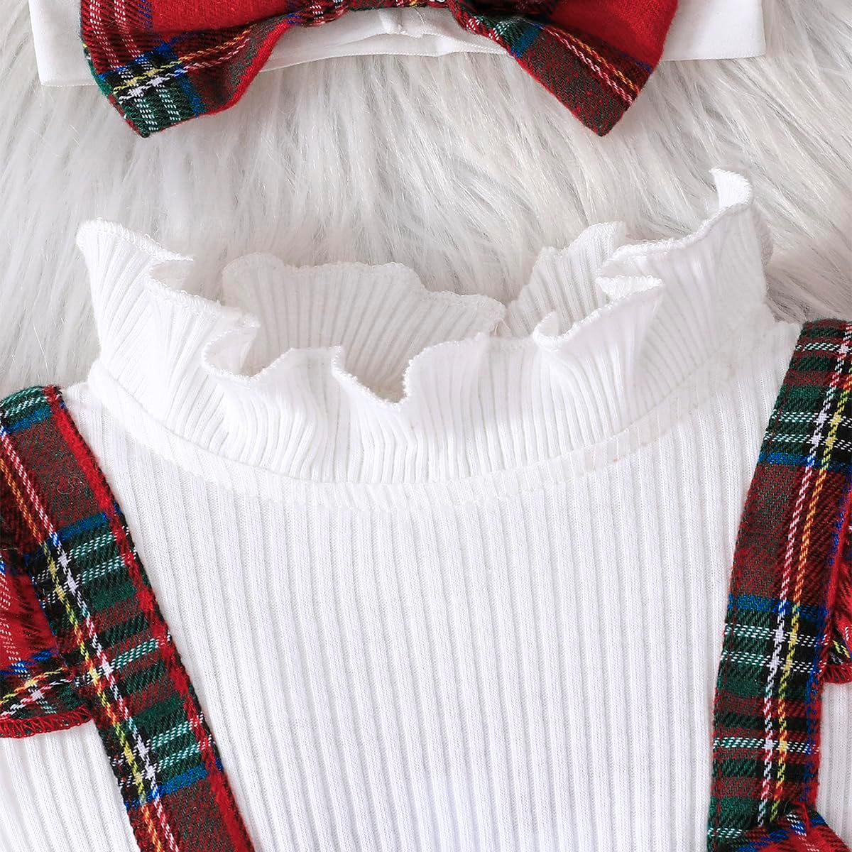 Noubeau Christmas Toddler Girl Plaid Dress Long Sleeve Bow Patchwork Rib Ruffled Shirts Dress Baby Xmas Outfit - Image 2