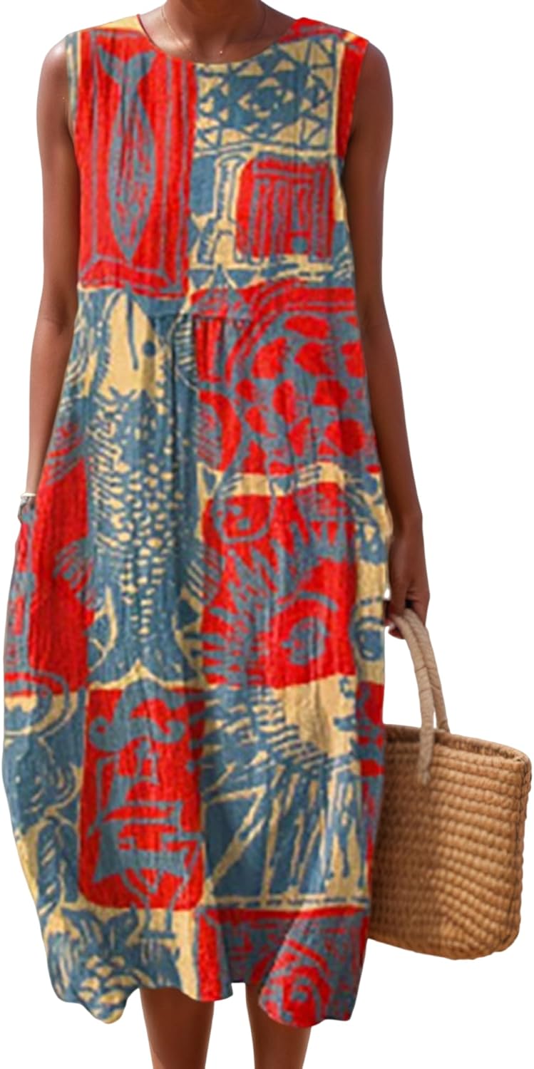 Women Ocean Sardines Fish Print Pleated Linen Maxi Dress