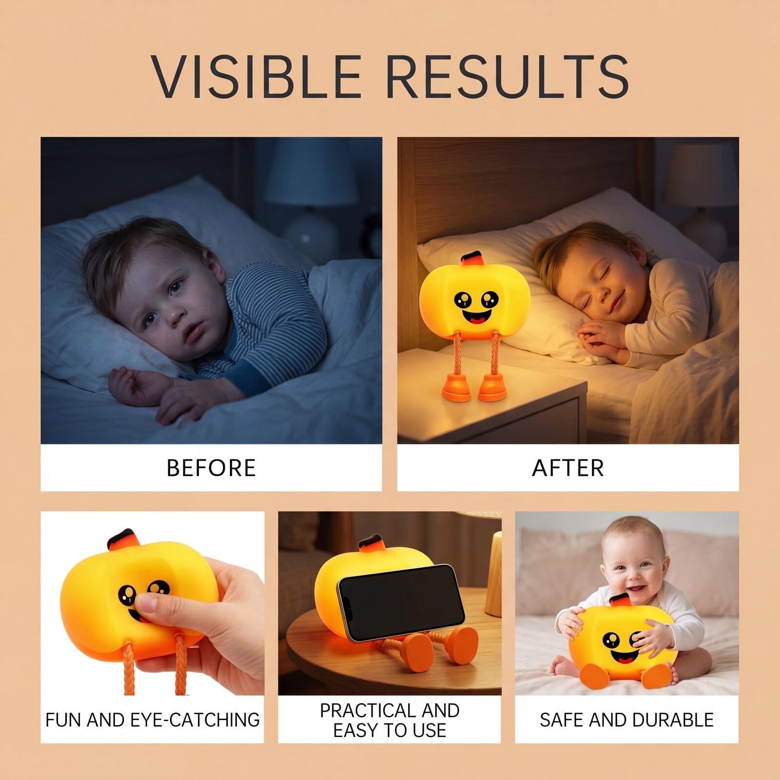 Lámpara de noche de calabaza de Halloween con ojos de estrella, decoración linda y divertida, luz cálida para compañero nocturno, control táctil, silicona, juego de presión, soporte para teléfono
