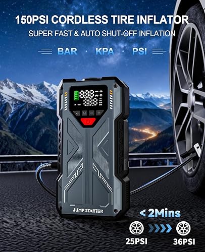 Miniatura 3 de Arrancador de batería de coche con compresor de aire, batería de 4000 A arrancador portátil para automóvil, caja de salto de 12 V (hasta 8.0 L de