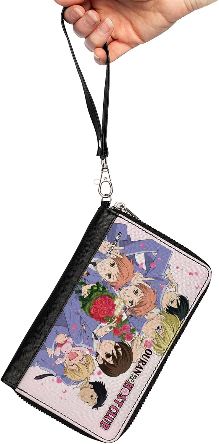 Buckle-Down Ouran High School Host Club Wallet, Zip Around, Ouran Host Club Rose Bouquet Group Pose and Petals White, Vegan Leather