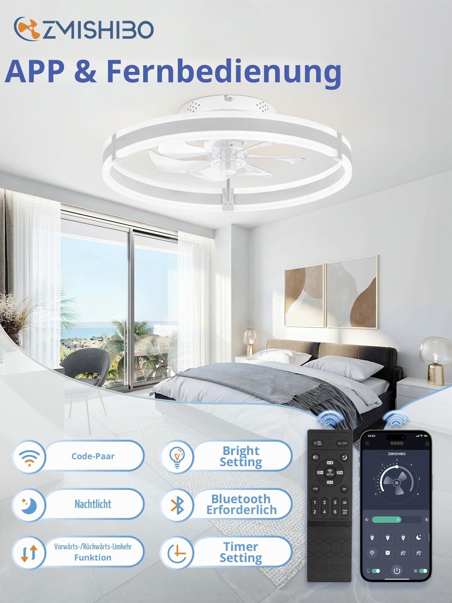 ZMISHIBO Deckenventilator mit Beleuchtung & Fernbedienung Ø50cm, 6 Geschwindigkeiten, Timer, Leise LED Lampe mit Ventilator, Weißer Fandelier für Schlafzimmer & Wohnzimmer