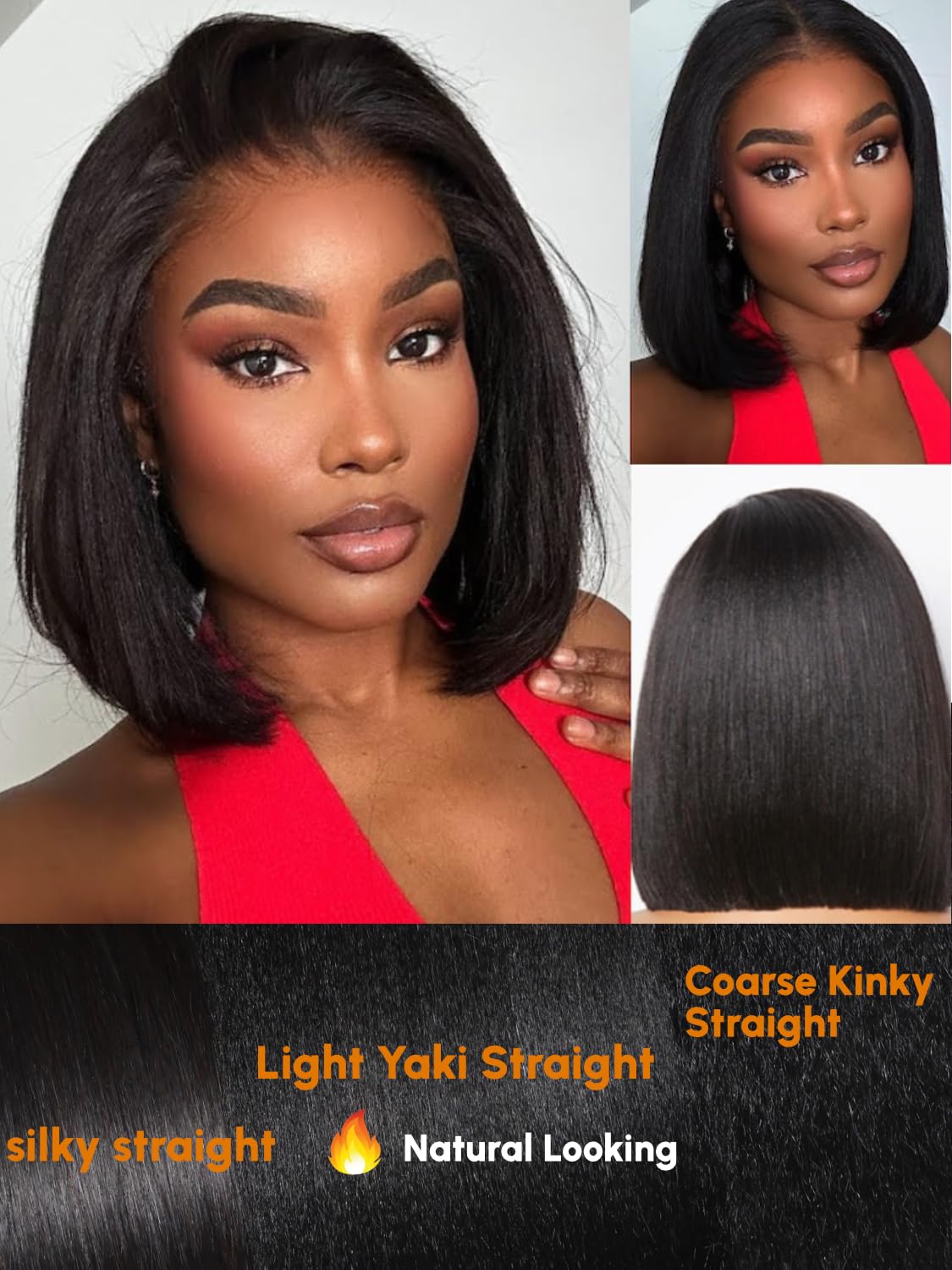Julia Hair 12 Inch Yaki Straight Bob Wig 13x4 HD Pre-Cut Lace Front Wig Put On and Go Glueless Short Bob Wig Pre Everything Pre Plucked Hairline Bleached Bye Bye Knots with Ear Tape Ready to Go