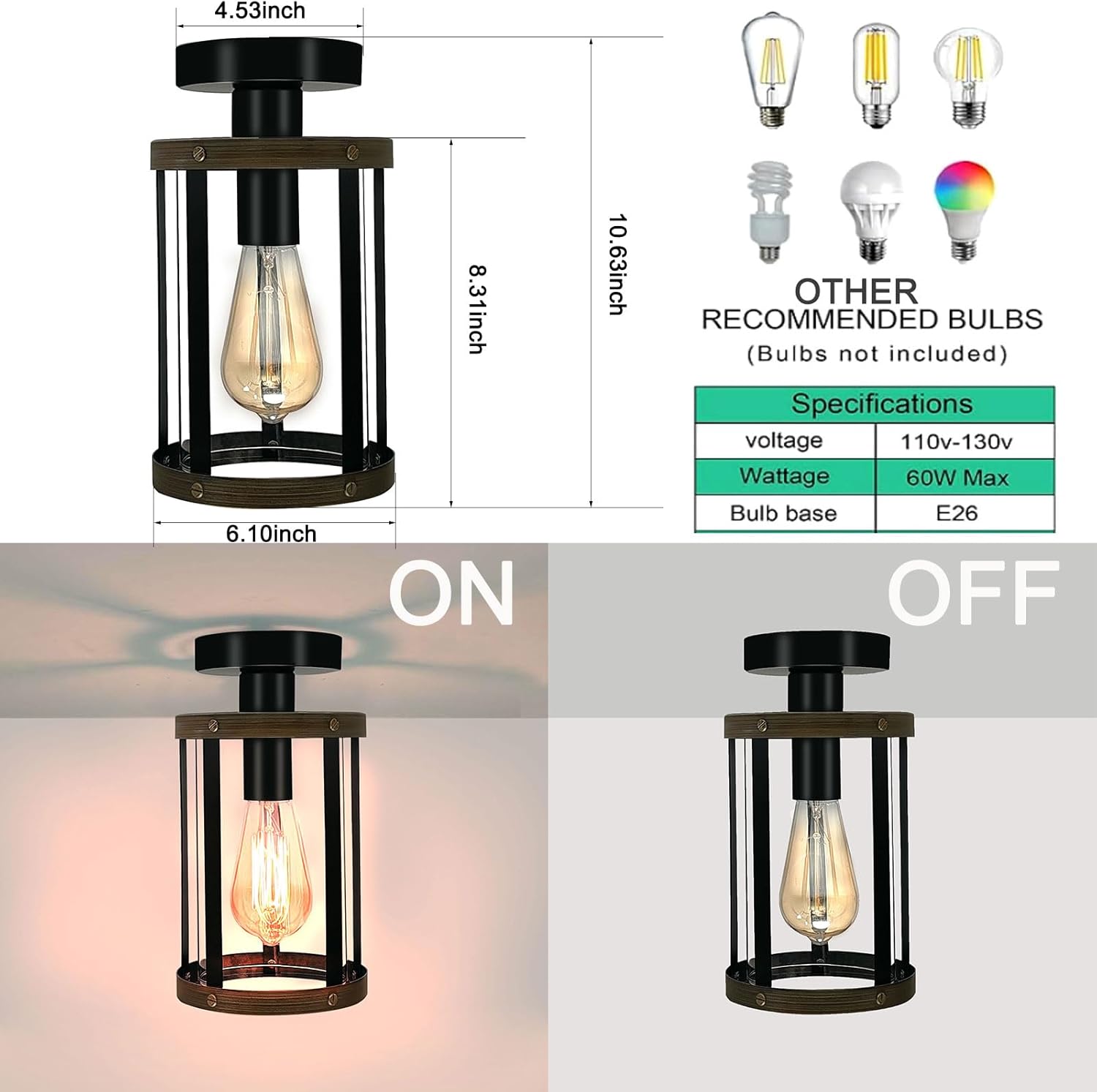 Farmhouse Semi Flush Mount Ceiling Light,Industrial Close to Ceiling Light Fixtures Oil Rubbed Bronze for Kitchen Bedroom Dining Room Living Room,Metal Ceiling Lamp with Glass Shade E26 Bulb