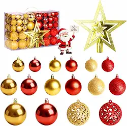 Kit de 101 Bolas Enfeites de Natal, com Designs Brilhantes/Mate/Foscos/Trabalhados em Tamanhos, 3/4/6 cm, Enfeite de Árvore de Natal em Forma de Estrela - Vermelho e Dourado (101)