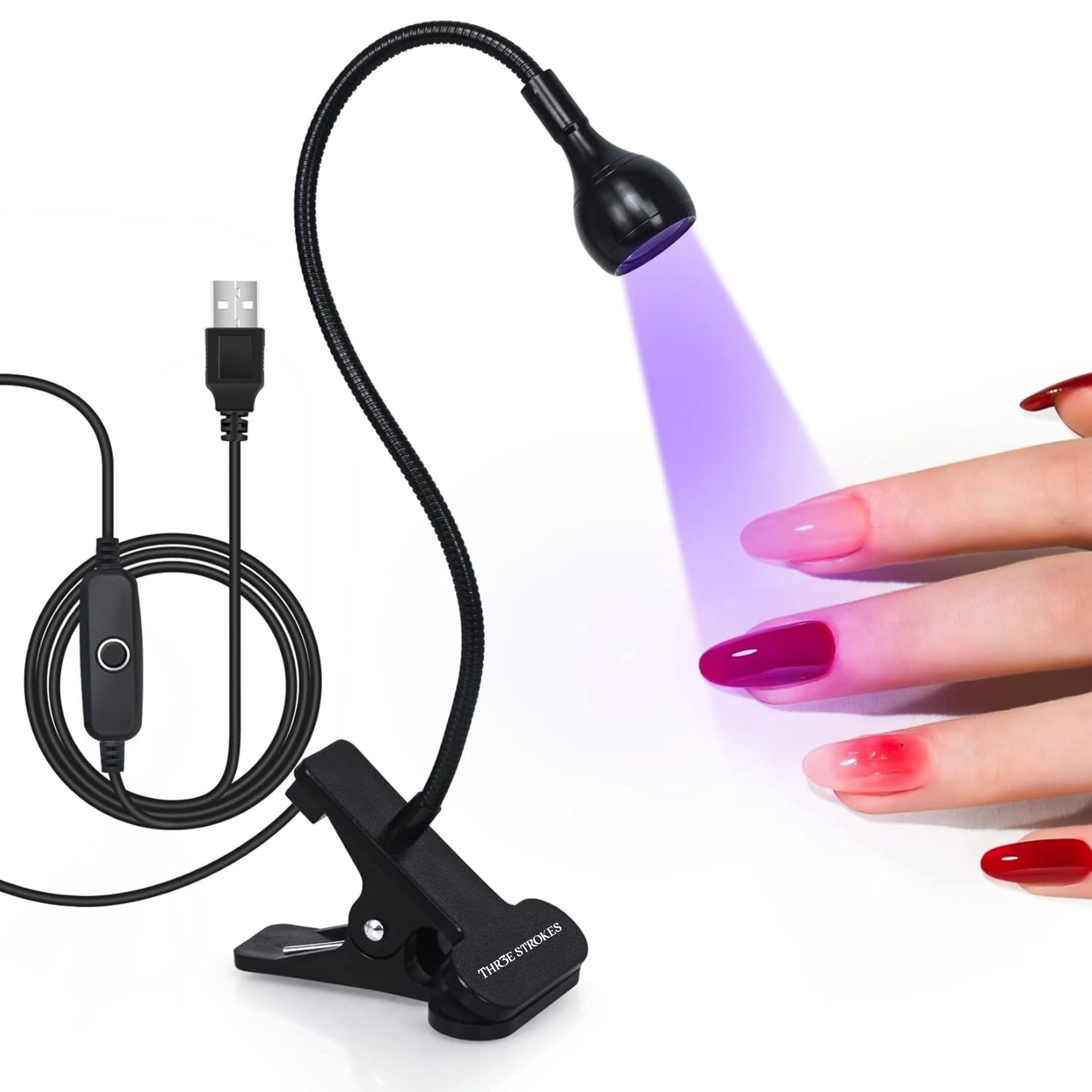 THR3E STROKES UV Light for Nails - 3W LED Nail Dryer with Gooseneck Clamp & USB Charge for Salon/Home (Black-B)