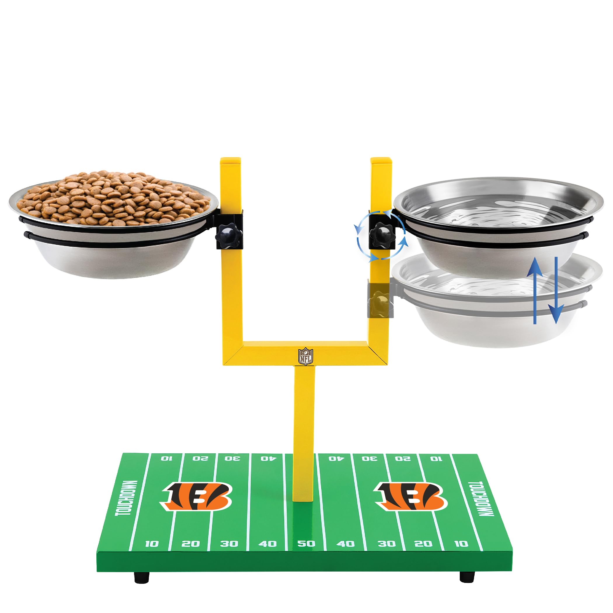 NFL Cincinnati Bengals Goalpost Football Field Dog Feeder – Adjustable Elevated Dog Bowls with Stand, 2 Stainless Steel Bowls, Non-Slip Rubber Feet, Raised Pet Feeder for Large & Small Dogs, Cats.